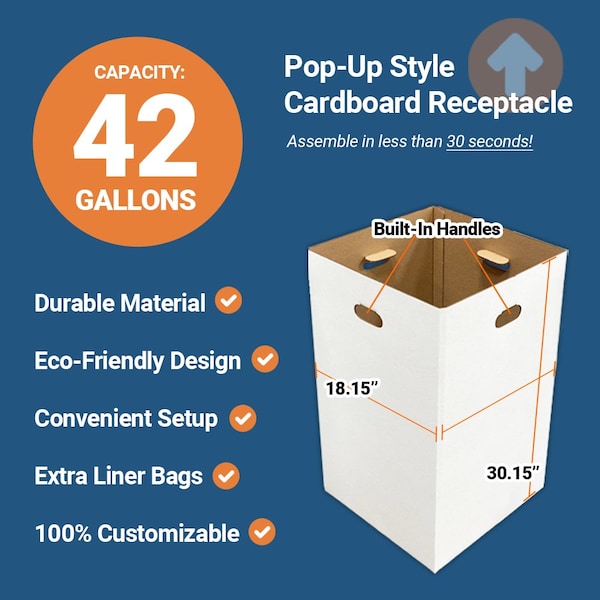 Alp 42-Gallon Corrugated Cardboard Waste and Recycling Containers with Various Lids, 8PK - ALP-C-42G-8PK-EVENT BUNDLE