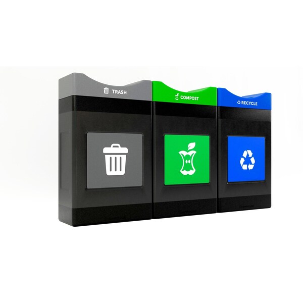 Commercial Zone Products 3 x 30 gal units Shallow Waste Container, Black w/ three lid colors, Open Top, Polyethylene - 787307MSA