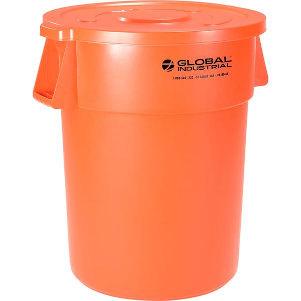 Global Industrial Plastic Trash Can with Lid, 55 Gallon Bright Orange - 240464BORCL