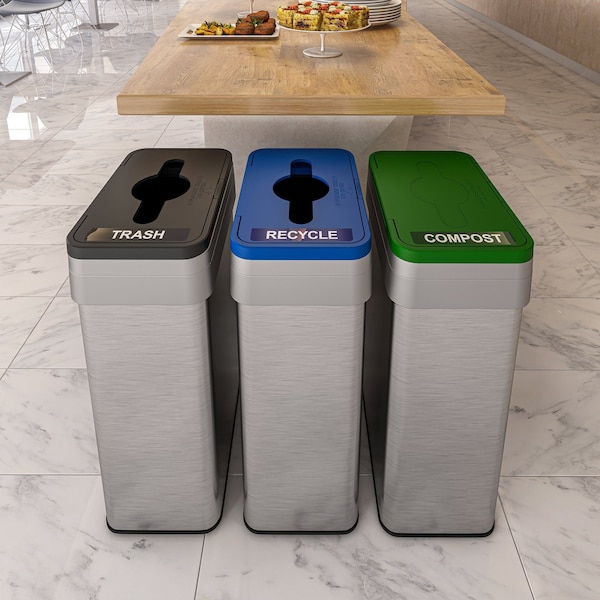 Hls Commercial 21 gal (each) Rectangular Recycle, Compost, And Trash Bins, Silver, Stainless Steel - HLS21UOTTRIO
