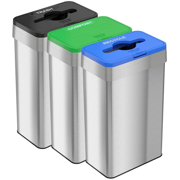 Hls Commercial 21 gal (each) Rectangular Recycle, Compost, And Trash Bins, Silver, Stainless Steel - HLS21UOTTRIO