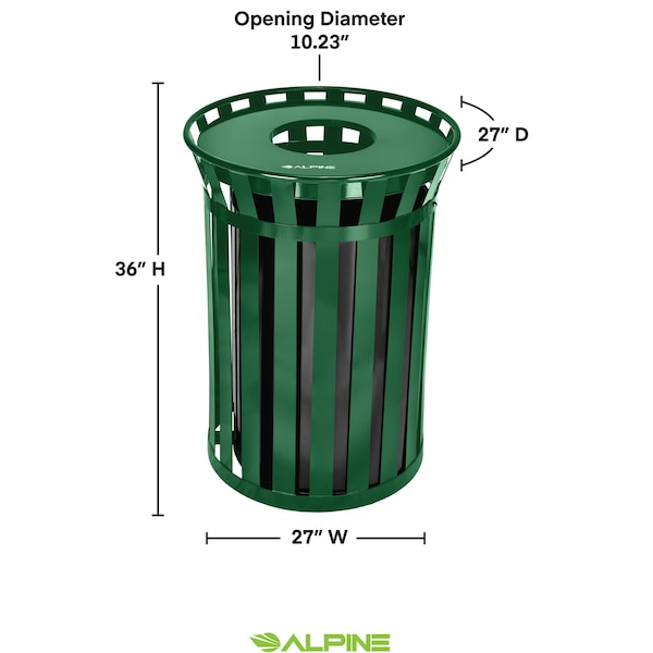 Alpine Industries 38 gal Trash Can, Green, Galvanized Steel - ALP479-38-GRN