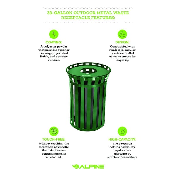 Alpine Industries 38 gal Trash Can, Green, Galvanized Steel - ALP479-38-GRN
