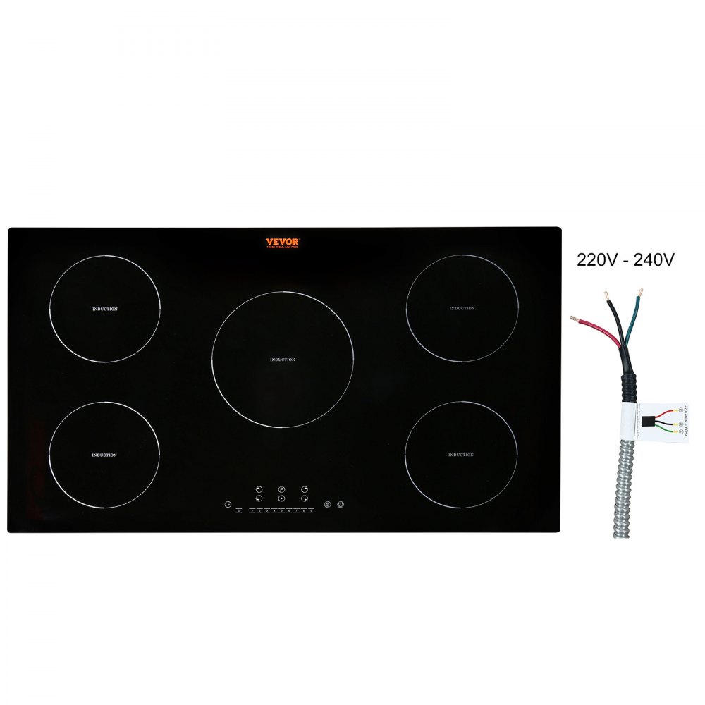 VEVOR Electric Cooktop, 5 Burners, 36'' Induction Stove Top, Built-in Magnetic Cooktop 9200W, 9 Heating Level Multifunctional Burner, LED Touch Screen w/ Child Lock & Over-Temperature Protection - QRSDC5369200W6CU6V4