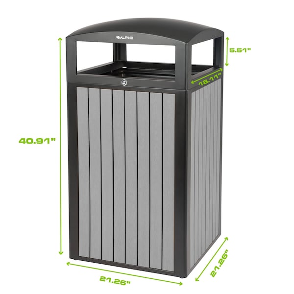Alpine Industries 40 gal Trash Can, Grey, Steel + Plastic wood - ALP471-40-WD-GRY