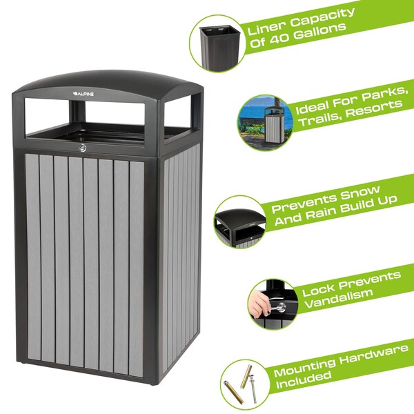 Alpine Industries 40 gal Trash Can, Grey, Steel + Plastic wood - ALP471-40-WD-GRY