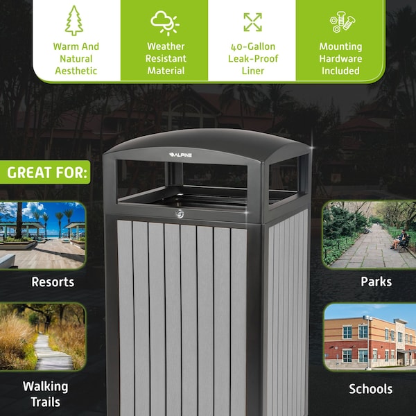 Alpine Industries 40 gal Trash Can, Grey, Steel + Plastic wood - ALP471-40-WD-GRY