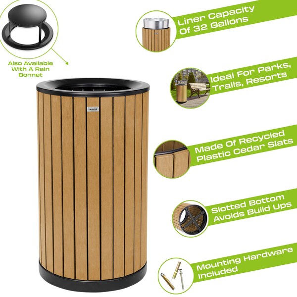 Alpine Industries 32 gal Trash Can, Cedar, Steel + Plastic wood - ALP4400-01-CD