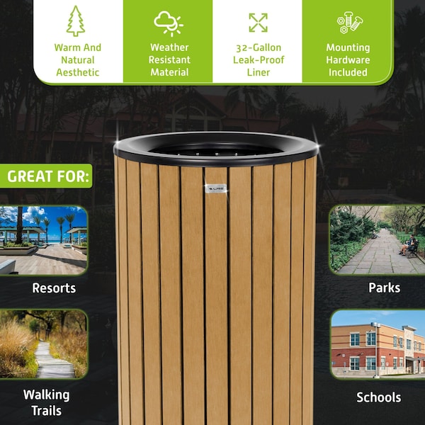 Alpine Industries 32 gal Trash Can, Cedar, Steel + Plastic wood - ALP4400-01-CD