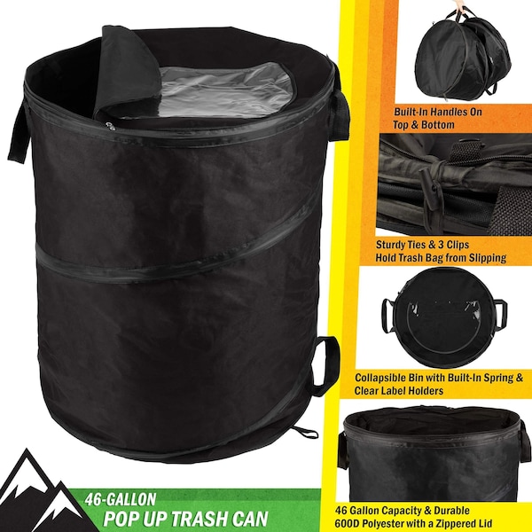 Wakeman Collapsible Trash Can-46-Gallon Bin with 3 Stakes for Camping or Recycling by Wakeman Black, 4PK - 75-CMP1151