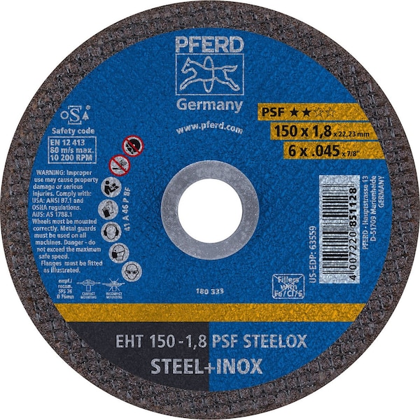 Pferd 63559 6 pulgadas x .045 pulgadas Rueda de corte con centro de 7/8 pulgadas AH A46P PSF-INOX Tipo 1 - 63559-PFERD