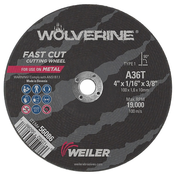 Rueda de corte Weiler 4"x1/16" tipo Wolverine Type 1 A36T 3/8" A.H. - 56086