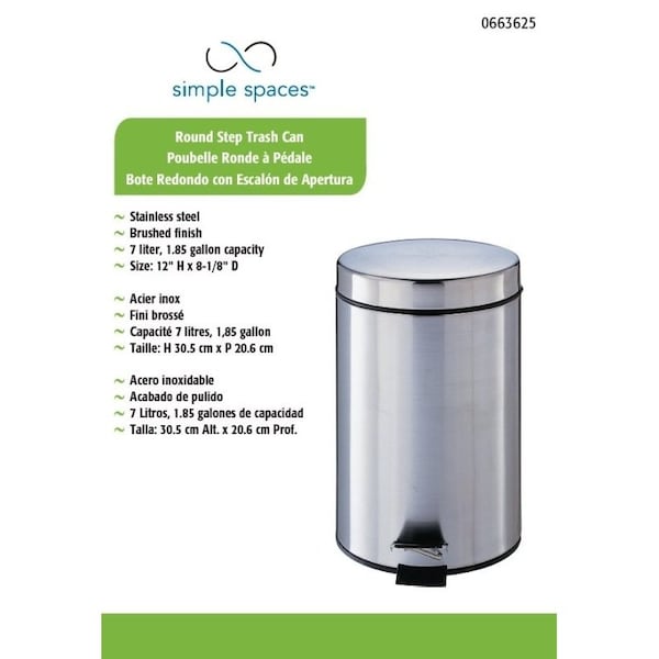 Simple Spaces Trash Can, 1.85 gal Capacity, Plastic/Stainless Steel/Steel, Silver, Flat Lid Closure - LYP07F3-3L