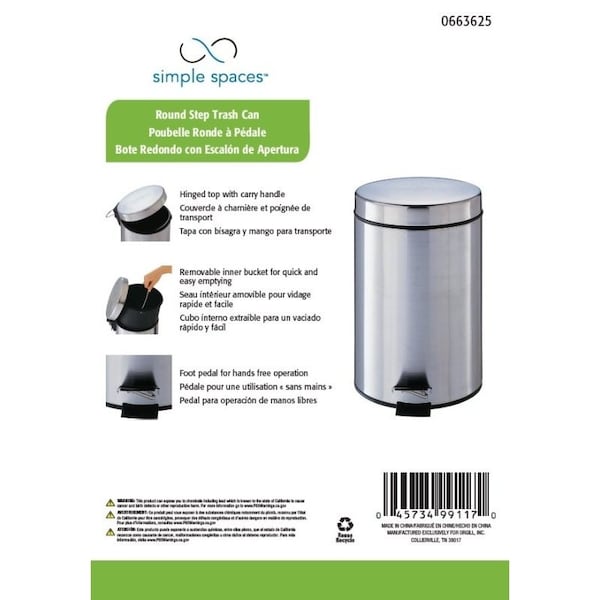 Simple Spaces Trash Can, 1.85 gal Capacity, Plastic/Stainless Steel/Steel, Silver, Flat Lid Closure - LYP07F3-3L