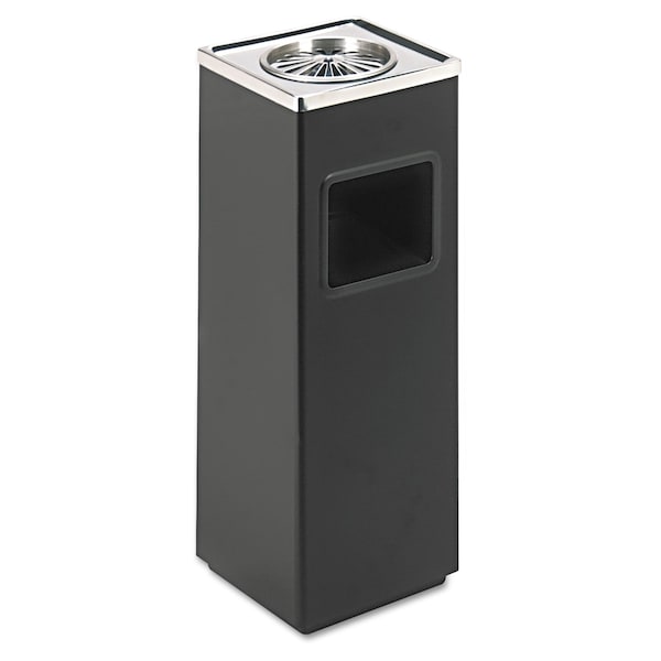 Safco 3 gal Square Trash Can, Black, Ashtray Top w/Open Side, Stainless Steel - 9696BL