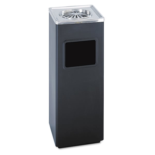 Safco 3 gal Square Trash Can, Black, Ashtray Top w/Open Side, Stainless Steel - 9696BL