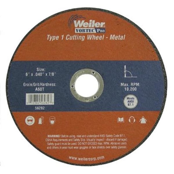 Weiler 804-56282 6 pulgadas X .040 pulgadas Rueda de corte Tipo 1; A60T; .88 pulgadas A.H. - 804-56282
