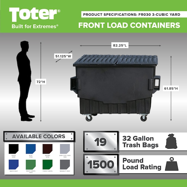 Toter Front Load Container, 3 Cubic Yard 1500 lbs. Cap., Waste Green - FR030-00925