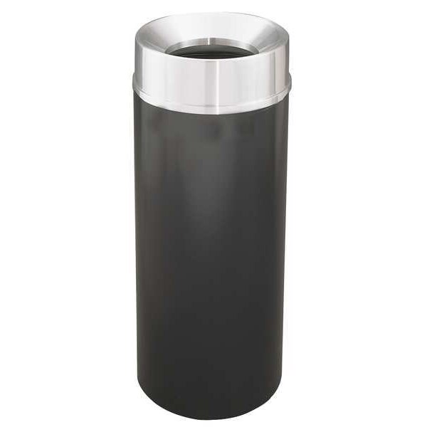 Glaro 12 gal Round Trash Can, Satin Black/Satin Aluminum, 12" Dia, Open Top, Steel - F1232-BK-SA