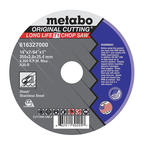 Rueda de corte Metabo, T1, A30R, 14"X7/64"X1" - US616327000