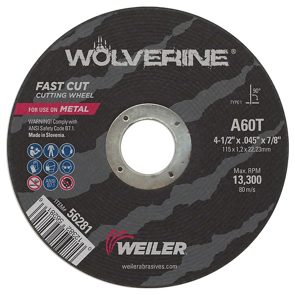 Rueda de corte tipo 1 Weiler Wolverine de 4-1/2"x.045" A60T 7/8" A.H. - 56281