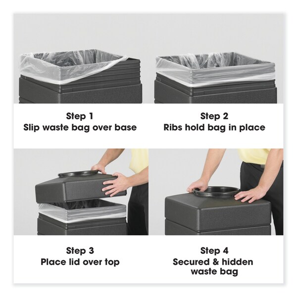 Safco 38 gal Square Waste Receptacles, Black, Open Top, Polyethylene - 9471NC