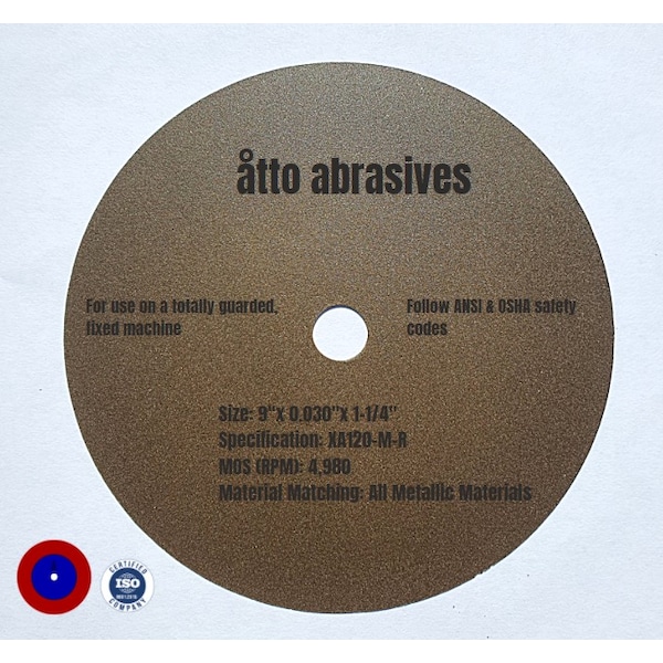 Ruedas de corte sin refuerzo de Atto Abrasives unidas con caucho de 9 "x 0.030" x 1-1/4" - 3W225-075-PG