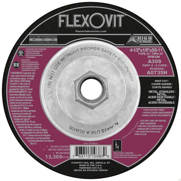Rueda de corte deprimida de alto rendimiento Flexovit, 4-1/2 pulgadas de diámetro x 1/8 pulgadas de grosor, grano A30S, óxido de aluminio - A0735H