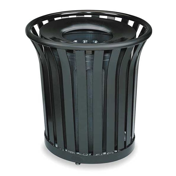 Rubbermaid Commercial 36 gal Round Trash Can, Black, 29 in Dia, Open Top, Steel, Rigid Plastic - FGMT32PLBK