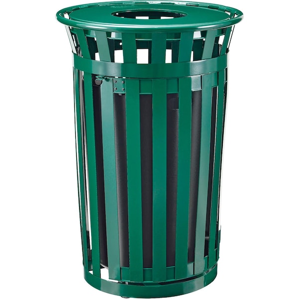 Global Industrial Outdoor Slatted Steel Trash Can W/Access Door & Flat Lid, 36 Gallon, Green - 261940GN