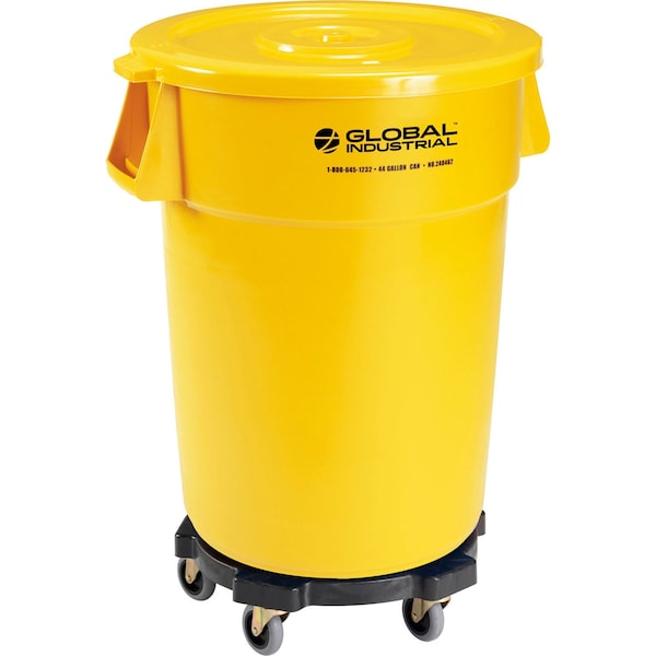 Global Industrial Plastic Trash Can with Lid & Dolly, 44 Gallon Yellow - 240462YLB