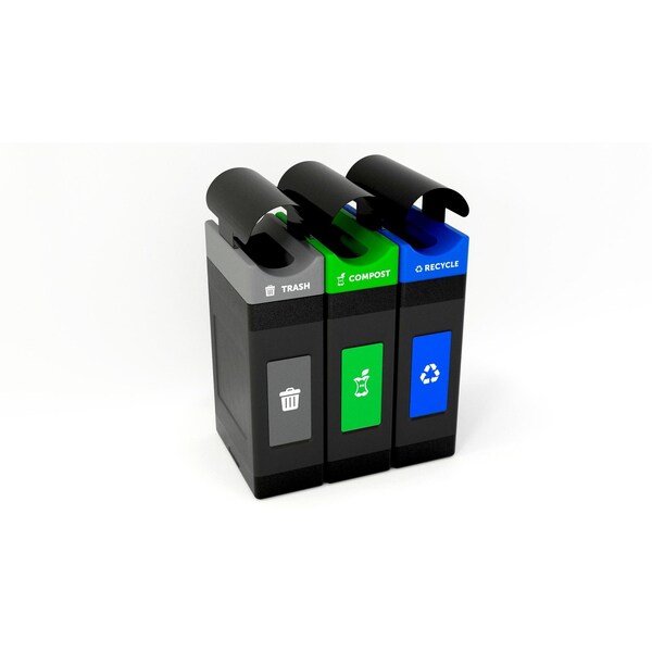 Commercial Zone Products 3 x 30 Gal. mulit-stream narrow units Narrow Waste Container, Black w/ three lid colors, Canopy - 787306MSA