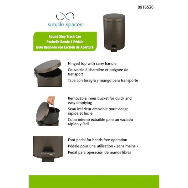 Simple Spaces Simple Spaces LYP0701 Trash Can, 1.85 gal Capacity, 12 in H, Flat Lid Closure - LYP0701