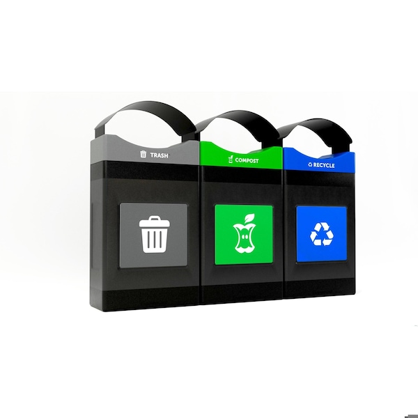 Commercial Zone Products 3 x 30 Gal. mulit-stream shallow units Shallow Waste Container, Black w/ three lid colors, Canopy - 787308MSA