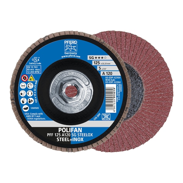 Disco de aletas POLIFAN® de Pferd 5" x 5/8-11 Thd. - A SG STEELOX, óxido de aluminio, 120 Granos, Plano - 62264