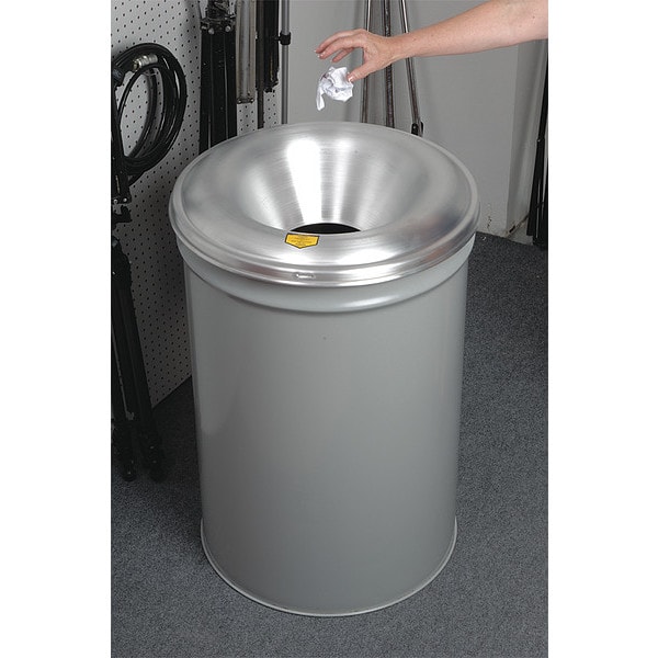 Justrite 55 gal Round Trash Can, Gray, 24 in Dia, Open Top, Aluminum - 26655G