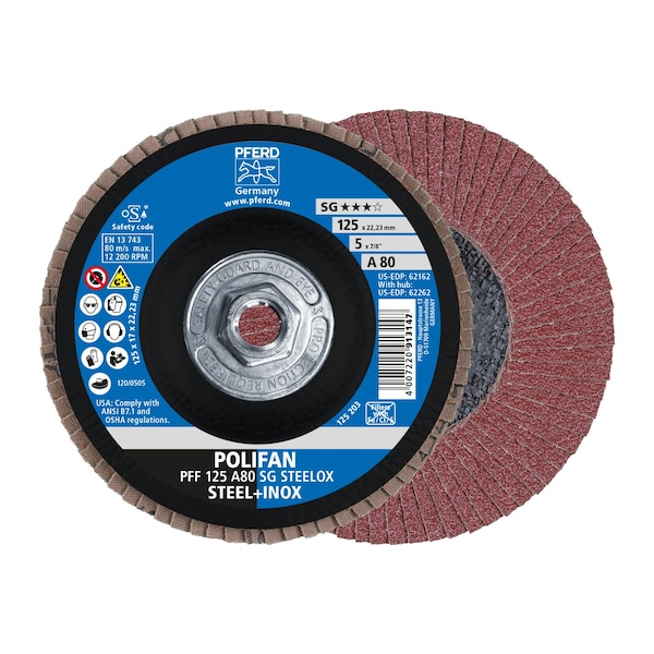 Disco de láminas POLIFAN® 5" x 5/8-11 Thd. A SG STEELOX, Óxido de aluminio, 80 Granos, Plano - 62262