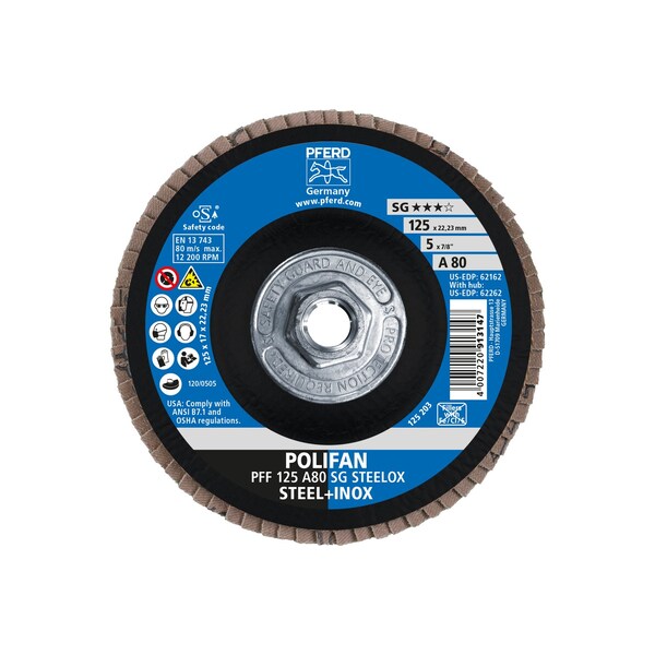 Disco de láminas POLIFAN® 5" x 5/8-11 Thd. A SG STEELOX, Óxido de aluminio, 80 Granos, Plano - 62262