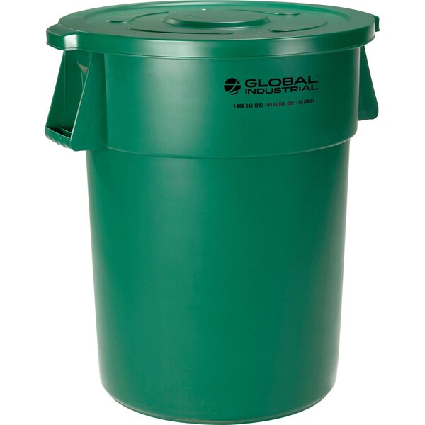 Global Industrial Plastic Trash Can with Lid, 55 Gallon Green - 240464GNCL