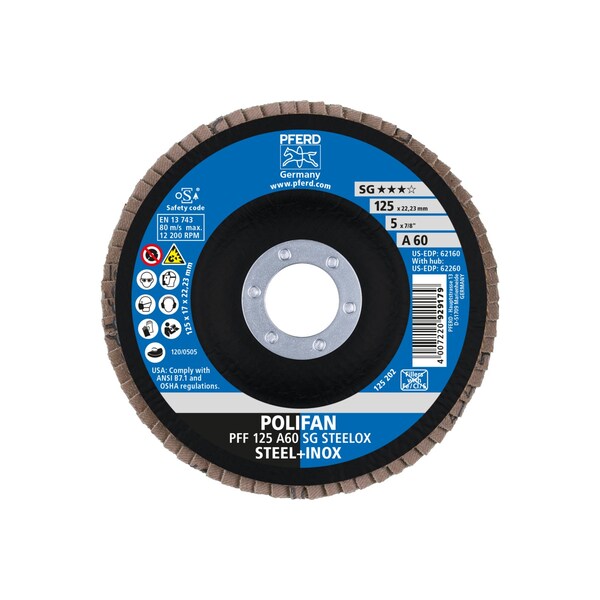 Disco de láminas Pferd 5" x 7/8" A.H. POLIFAN® - A SG STEELOX, Óxido de aluminio, 60 Granos, Plano - 62160