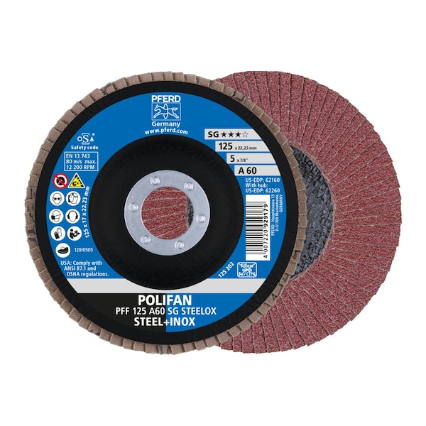 Disco de láminas Pferd 5" x 7/8" A.H. POLIFAN® - A SG STEELOX, Óxido de aluminio, 60 Granos, Plano - 62160