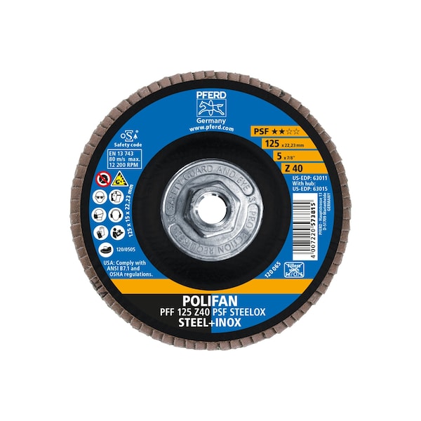 Disco de láminas POLIFAN® Pferd de 5" x 5/8-11 Thd. - Z PSF STEELOX, óxido de circonio, 40 Granos, Plano - 63015