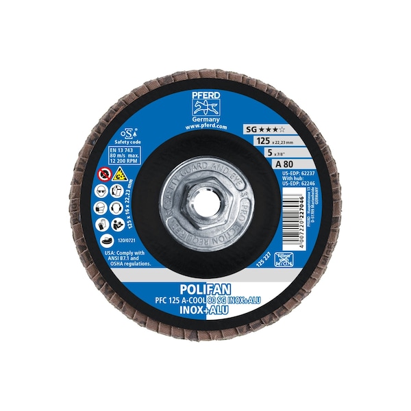 Disco de láminas POLIFAN® de 5" x 5/8-11 Thd. A-COOL SG INOX+ALU, óxido de aluminio, 80 granos, Cónico - 62246