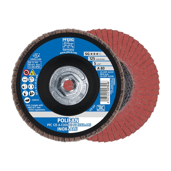 Disco de láminas POLIFAN® de 5" x 5/8-11 Thd. A-COOL SG INOX+ALU, óxido de aluminio, 80 granos, Cónico - 62246