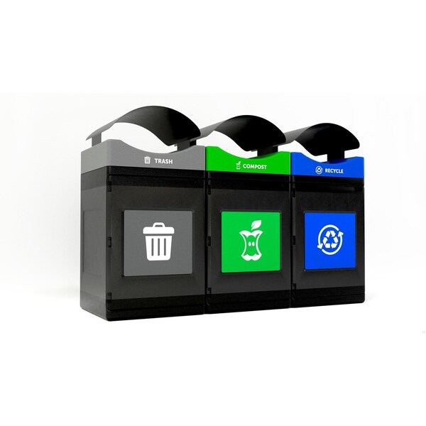 Commercial Zone Products 3 x 55 Gal. mulit-stream standard units Square Waste Container, Black w/ three lid colors, Canopy - 787302MSA