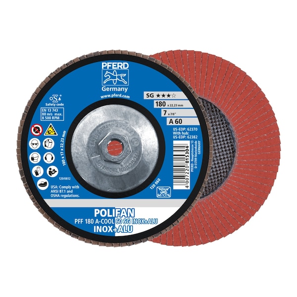 Pferd 7" x 5/8-11 Thd. POLIFAN® Disco de láminas - A-COOL SG INOX+ALU, Óxido de aluminio, 60 Grano, Plano - 62382