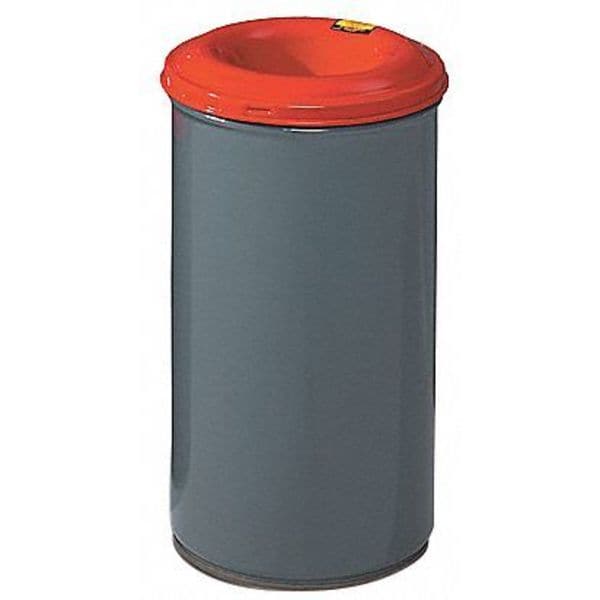 Justrite 55 gal Round Trash Can, Red/Gray, 23 3/4 in Dia, Open Top, Steel - 26455