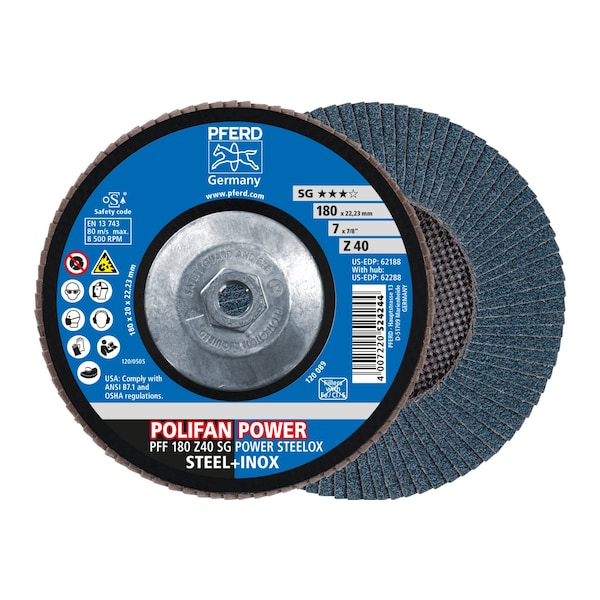 Disco de láminas POLIFAN® de 7" x 5/8-11 Thd. PFERD - Z SG POWER STEELOX, Zirconia, 40 Grit, Plano - 62288