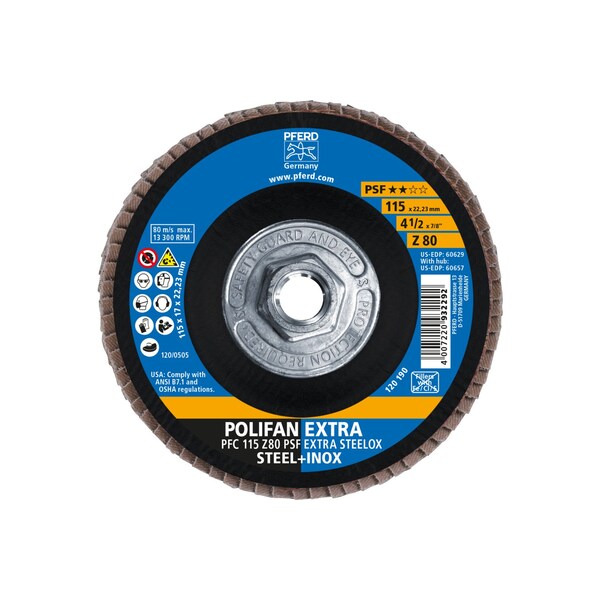 Disco de láminas POLIFAN® - Z PSF EXTRA STEELOX, Zirconia, 80 granos, Conico - 60657, 4-1/2" x 5/8-11 Thd.