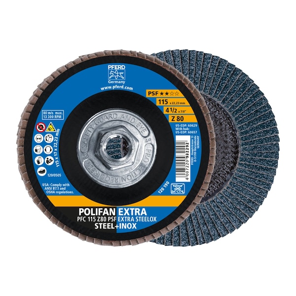 Disco de láminas POLIFAN® - Z PSF EXTRA STEELOX, Zirconia, 80 granos, Conico - 60657, 4-1/2" x 5/8-11 Thd.